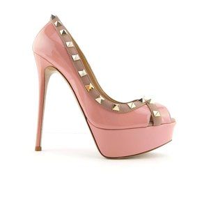 VALENTINO Rockstud Baby Pink Patent Leather Platform Peep Toe Heel Pumps 36.5